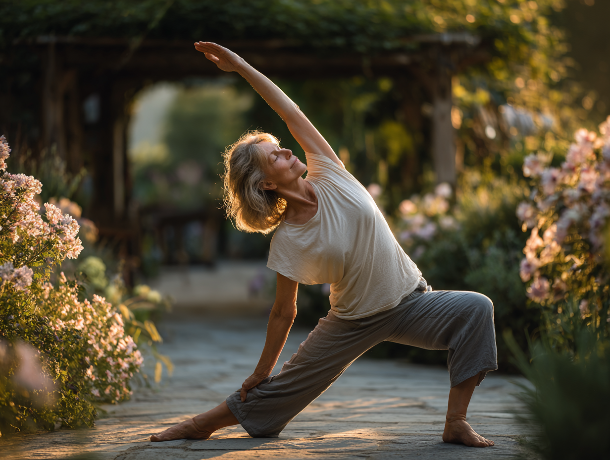 Senior practicing yoga in peaceful garden setting